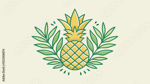 Tropical Pineapple Illustration Summer Fruit Design with Green Leaves