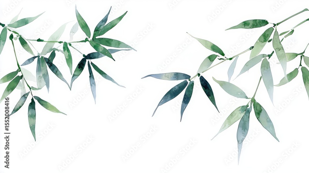 Naklejka premium A delicate illustration of bamboo leaves in soft green hues, perfect for nature-themed designs and calming spaces.