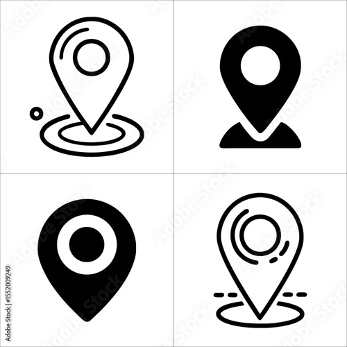 Four different location pin icons isolated on white background