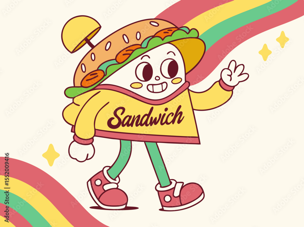 Naklejka premium Walking Sandwich Character Illustration Fun Food Cartoon