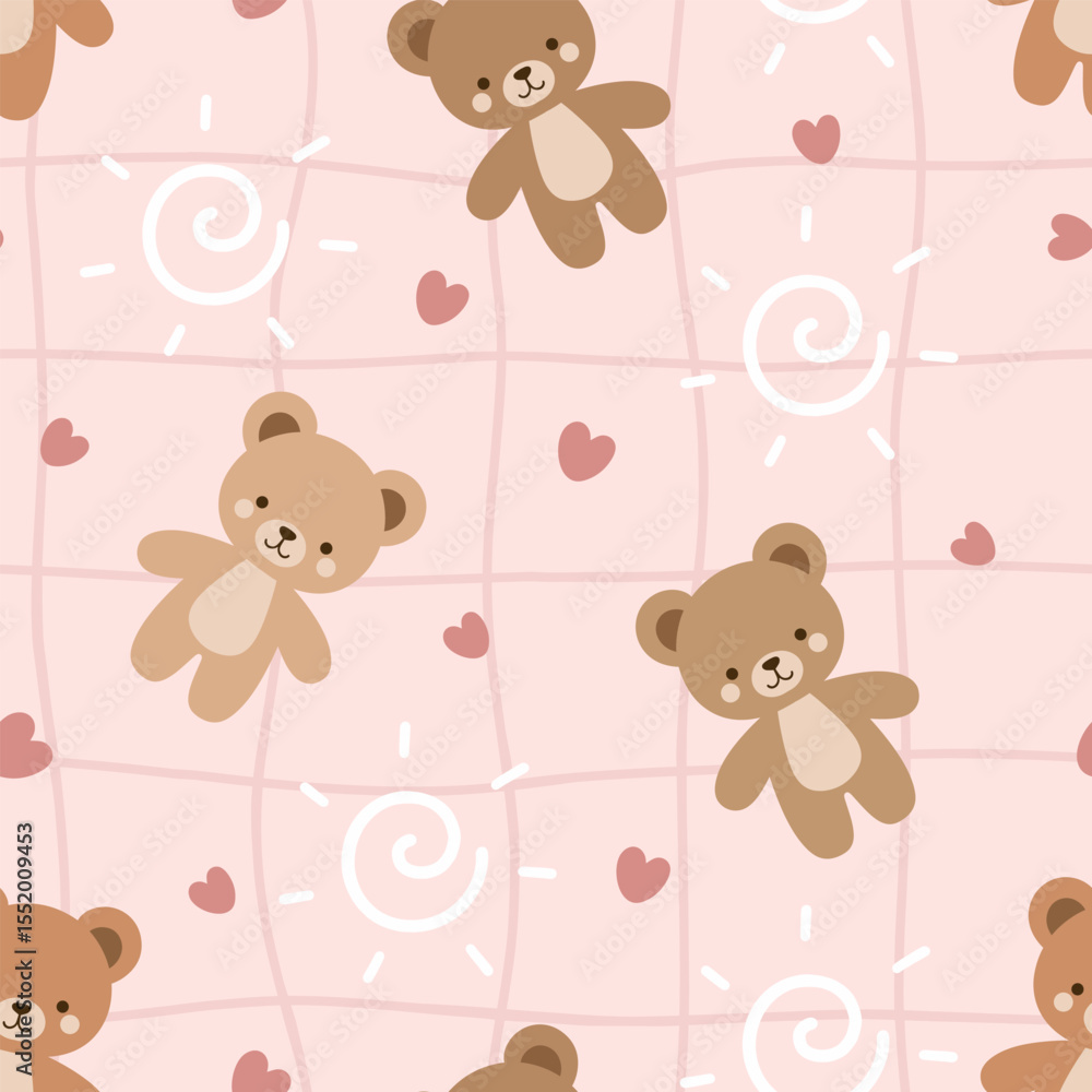 Fototapeta premium Cute teddy bears on a pink pastel background with hearts and hand-drawn grid texture, kawaii seamless pattern.