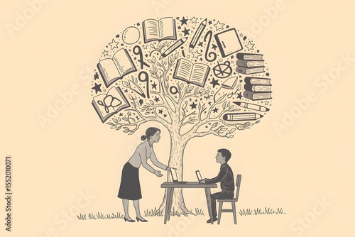 Wallpaper Mural Teacher and student learning under a tree of knowledge with books and pencils Torontodigital.ca