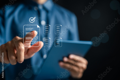 Quadro su tela Checklist document with approval mark, document validation, quality control, and completed workflow on digital tablet