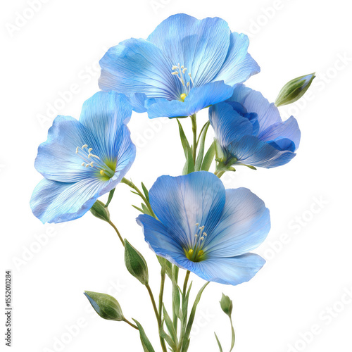 Delicate blue flax flowers with buds isolated on transparent background