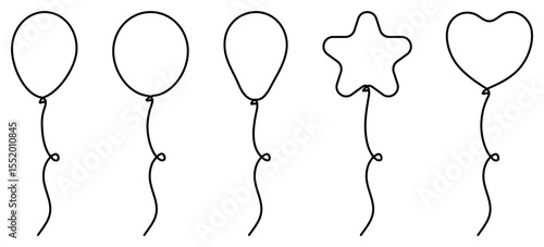 Flying balloons set continuous line drawing. Collection of different linear balloon shapes. Birthday gift concept. Vector illustration isolated on white.