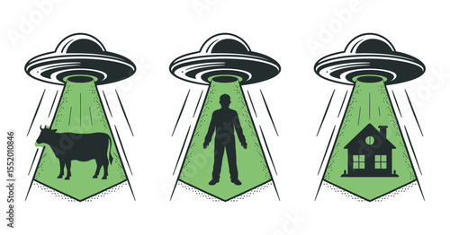 Ufo Abduction Depicting a Cow Person and House Three silhouettes cow person house are being abducted three separate UFOs ufo abduction cow person