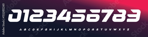 Futuristic Racing Number Font, Strong Bold Slanted Alphabet for e-sport, soccer, sports car branding, race events, esports jersey numbers, or fast-paced digital interfaces. Vector Illustration.
