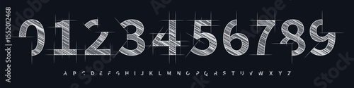 Technical Sketch Number Font, Blueprint Alphabet for architecture posters, engineering design, tech manuals, and mechanical branding. Perfect for drafts, UI, construction themes. Vector Illustration.