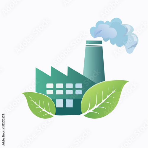 A green factory emits blue smoke surrounded by two leaves