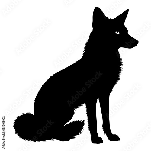Silhouette of a fox sitting with bushy tail curled