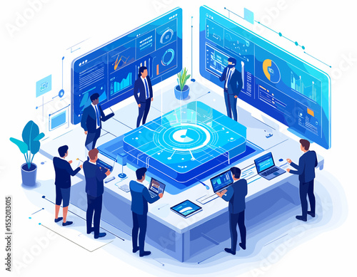 Isometric View of a Team Analyzing Data on Multiple Screens in a Modern Control Room With Advanced Technology and Digital Interfaces