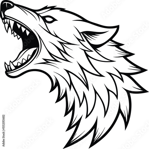Aggressive wolf head with open mouth and sharp teeth roaring fiercely