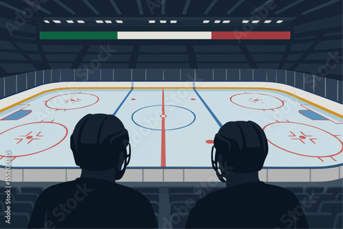 Overhead arena graphic: Santa Giulia PalaItalia, ice tinted green-white-red, two helmet-back silhouettes circling, EPS-ready.