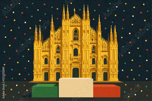 Gold-lit Duomo di Milano at night with tricolour podium and confetti — EPS vector poster for Milan-Cortina 2026 Winter Olympics