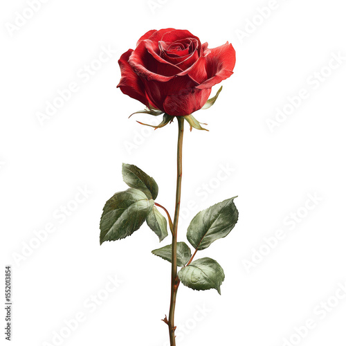 A single vibrant red rose with green leaves isolated on transparent background