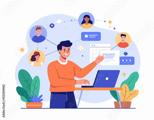 Online Meeting Illustration with Networking Man and Team Avatars in Light Background