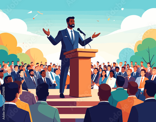 Orator Delivering Speech from Podium before Crowd at Public Gathering in Park Under Cloudy Sky