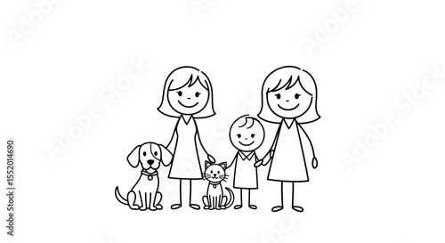 Simple stick figure illustration featuring a happy lesbian family with their pets