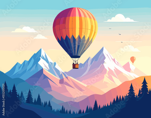 Pixel Art Hot Air Balloon Over Mountain Range Landscape with Blue Sky and Pine Forest in a Digital Style