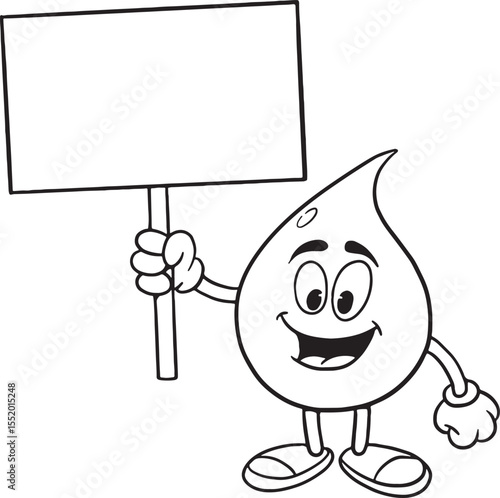 A cheerful water drop or liquid mascot holding a blank sign, perfect for conveying messages related to hydration, environmental awareness, health, or any clean and pure concept.