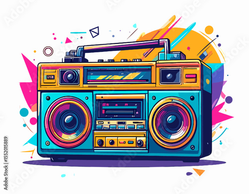 Pixelated Turquoise and Gold Boombox with Retro Geometric Accents on White Background Digital Art