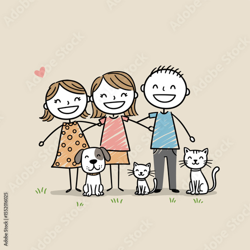 Whimsical stick figure family portrait with pets on a beige background