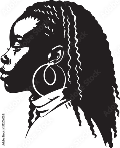 Elegant black woman silhouette vector illustration depicting graceful profile featuring curly hair and large hoop earrings ideal for creative design.