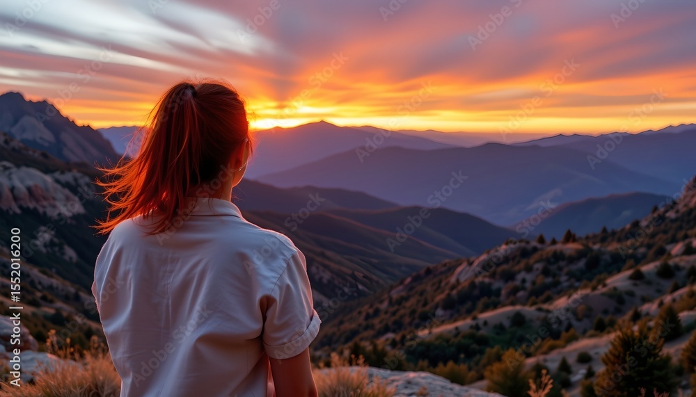 Naklejka premium the photo captures a serene moment of an individual standing at the edge of a scenic mountain range, gazing out towards the horizon where the sun is setting and casting a warm glow