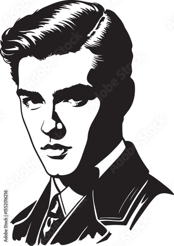 Stylish and elegant portrait of a suave young man depicted in classic black and white illustrative style for various creative projects