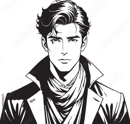  Stylish black and white illustration of a handsome man with classic hair and a trench coat depicting a sophisticated look