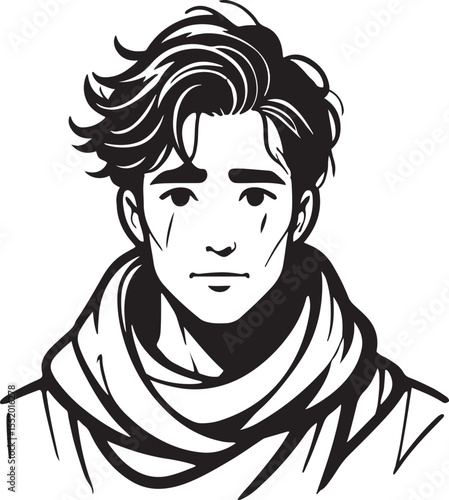 Stylish vector illustration of a handsome young man portrait with wavy hair and a scarf in a minimalist black and white design