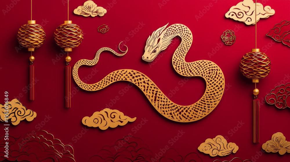Festive golden dragon illustration with hanging lanterns on red background Festive golden dragon illustration with hanging lanterns on red background