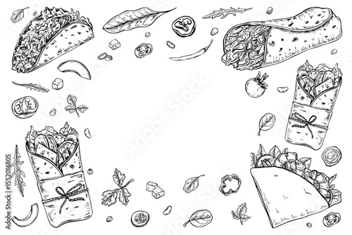 Tacos and burrito filling with vegetables, salad leaves vector frame in black and white. Traditional Mexican take away corn tortilla etching drawing for menu design, food packaging, healthy eating