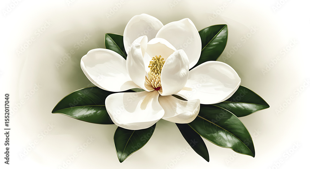 Obraz premium Serene Magnolia Blossom: Elegant, Realistic Digital Painting of a Single White Flower with Lush Green Leaves, Soft Lighting.