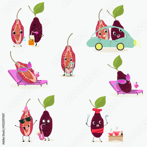 Cherry, fruit, dogwood, cornelian, cornus, funny cheerful characters. Vector hand drawn  illistration.