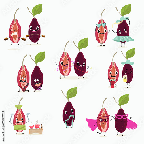 Cherry, fruit, dogwood, cornelian, cornus, funny cheerful characters. Vector hand drawn  illistration.