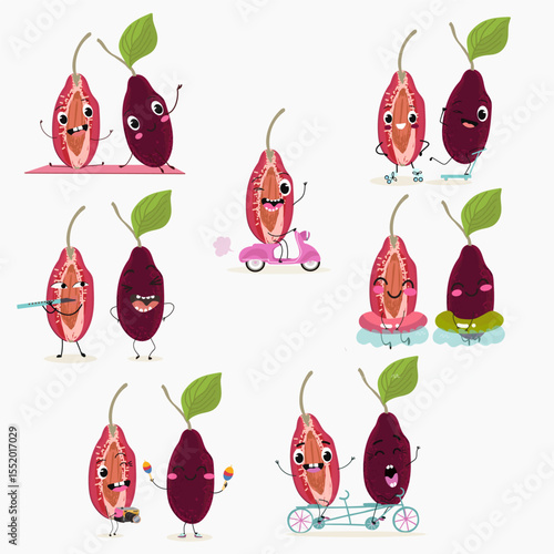 Cherry, fruit, dogwood, cornelian, cornus, funny cheerful characters. Vector hand drawn  illistration.