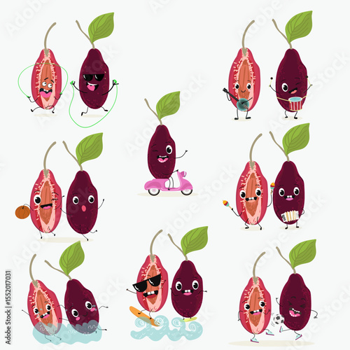 Cherry, fruit, dogwood, cornelian, cornus, funny cheerful characters. Vector hand drawn  illistration.