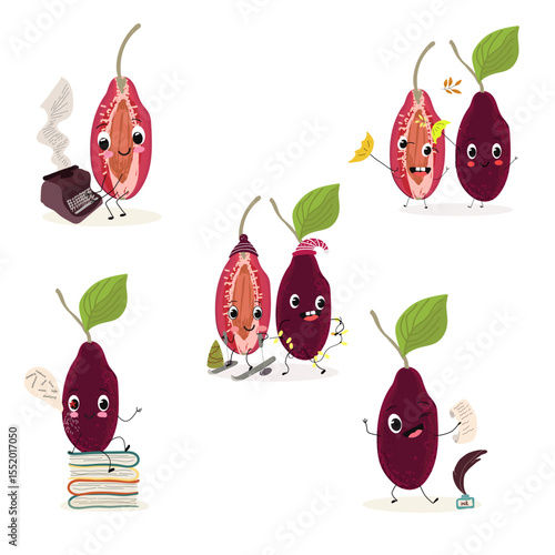 Cherry, fruit, dogwood, cornelian, cornus, funny cheerful characters. Vector hand drawn  illistration.