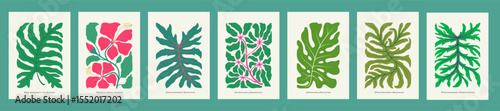 Tropical plant leaves llustration set. Modern botanical illustration of monstera, philodendron palm leaf, hibiscus flower, schefflera. Vector papercut matisse style leaves with playful vibrant colors