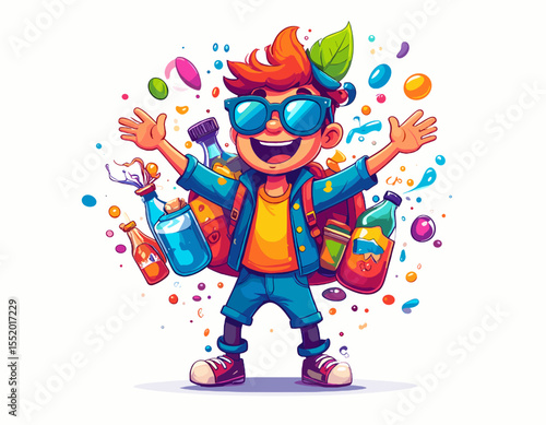 Smiling Boy with Ginger Hair Celebration with Sunglasses and Backpack Surrounded by Colorful Shapes in Pixel Art Style on a White Background