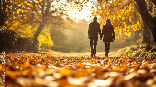 Fototapeta Naklejka Na Ścianę i Meble -  Romantic couple holding hands walking through golden autumn forest in sunlight