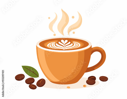 Steaming Coffee Art with Brown Coffee Beans and Green Leaf in a White Background