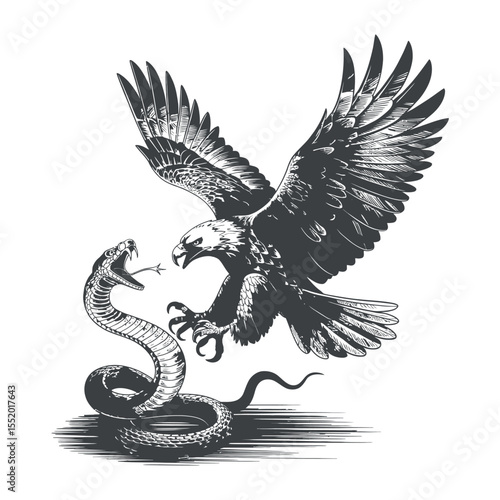 Vintage style illustration of an eagle attacking a snake in mid air powerful with outstretched wings attacks coiled snake attack wildlife animal bird