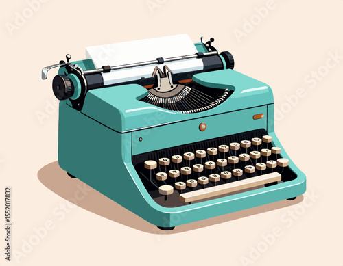 Teal Vintage Typewriter with Paper Illustration on Beige Background Old Mechanical Writing Machine for Classic Office Work