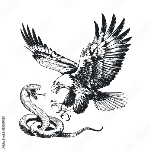 Vintage Style Illustration of an Eagle Attacking a Snake Black and white graphic design powerful eagle attacking snake eagle snake wildlife animal bird