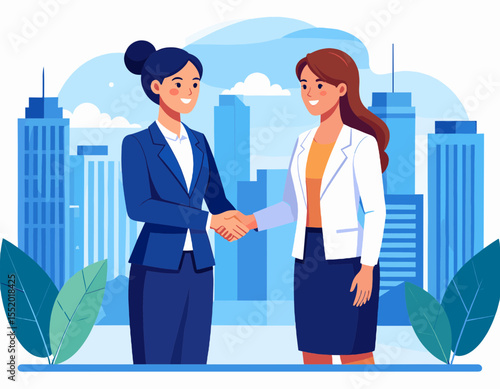 Two Businesswoman Shaking Hands in Agreement with Cityscape Background in Blue and White Flat Vector Illustration