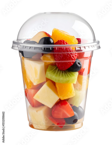 Refreshing cup of mixed fresh fruit salad with a clear lid