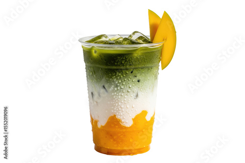 iced mango matcha latte with fresh fruit garnish in a plastic cup
