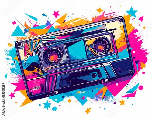 Vibrant Cassette Tape with Retro Stars and Splashes on White Background Audio Music Design in Colorful Graphic Pop Art Style